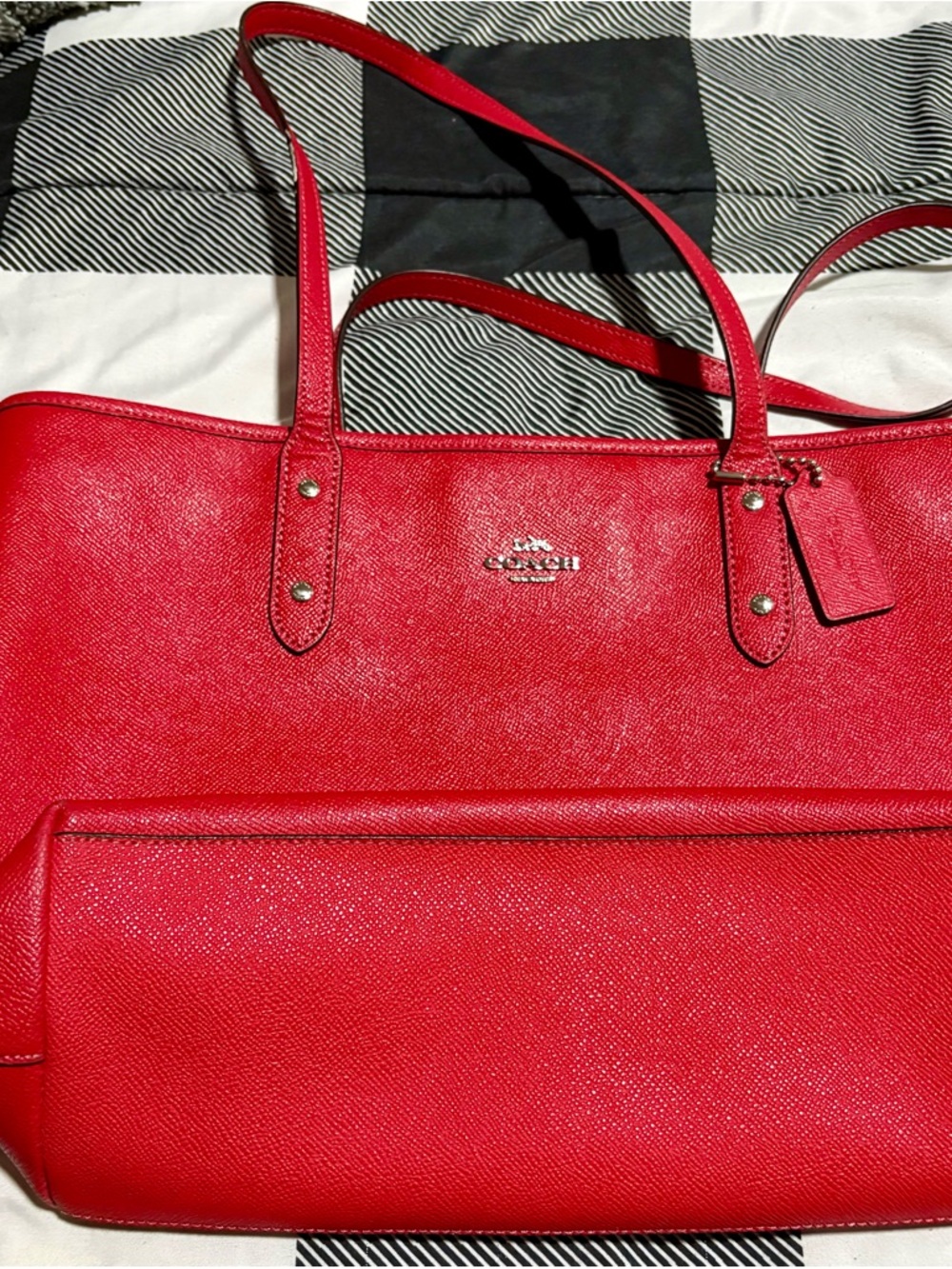 Coach Red Saffiano Leather Tote with Front Slip Pocket